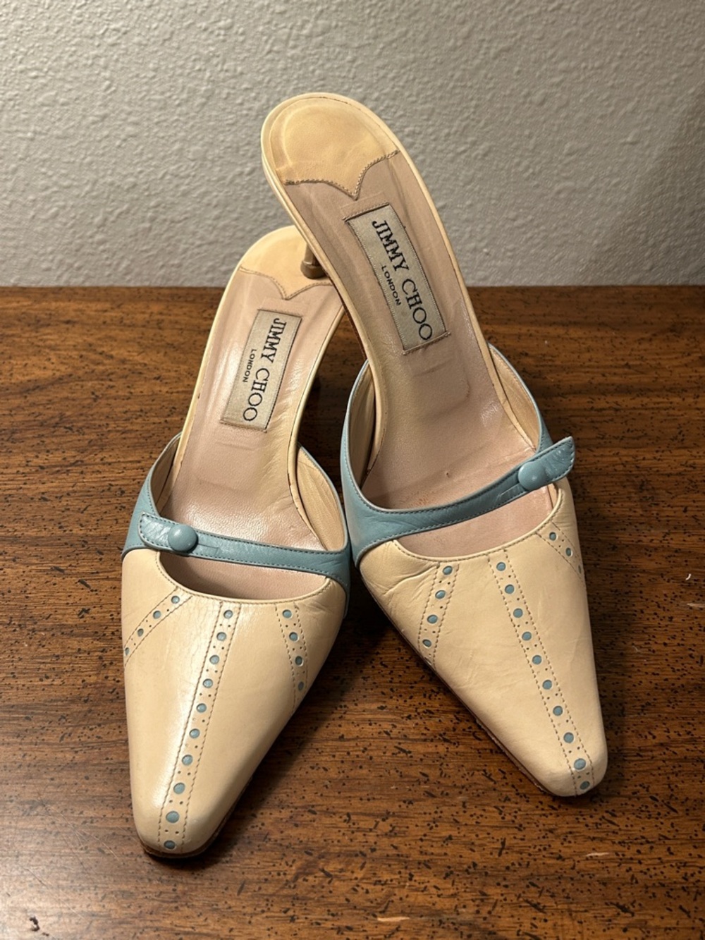 Jimmy Choo Beige and Baby Blue Blue Leather Pointed-Toe Mules